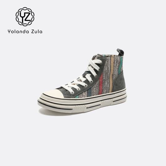Gray sole colored striped canvas high top shoes