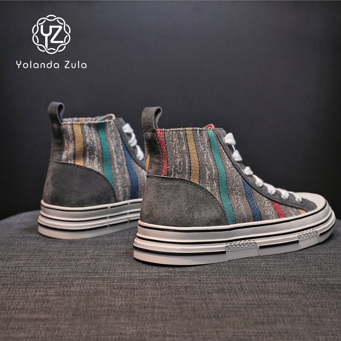 Gray sole colored striped canvas high top shoes