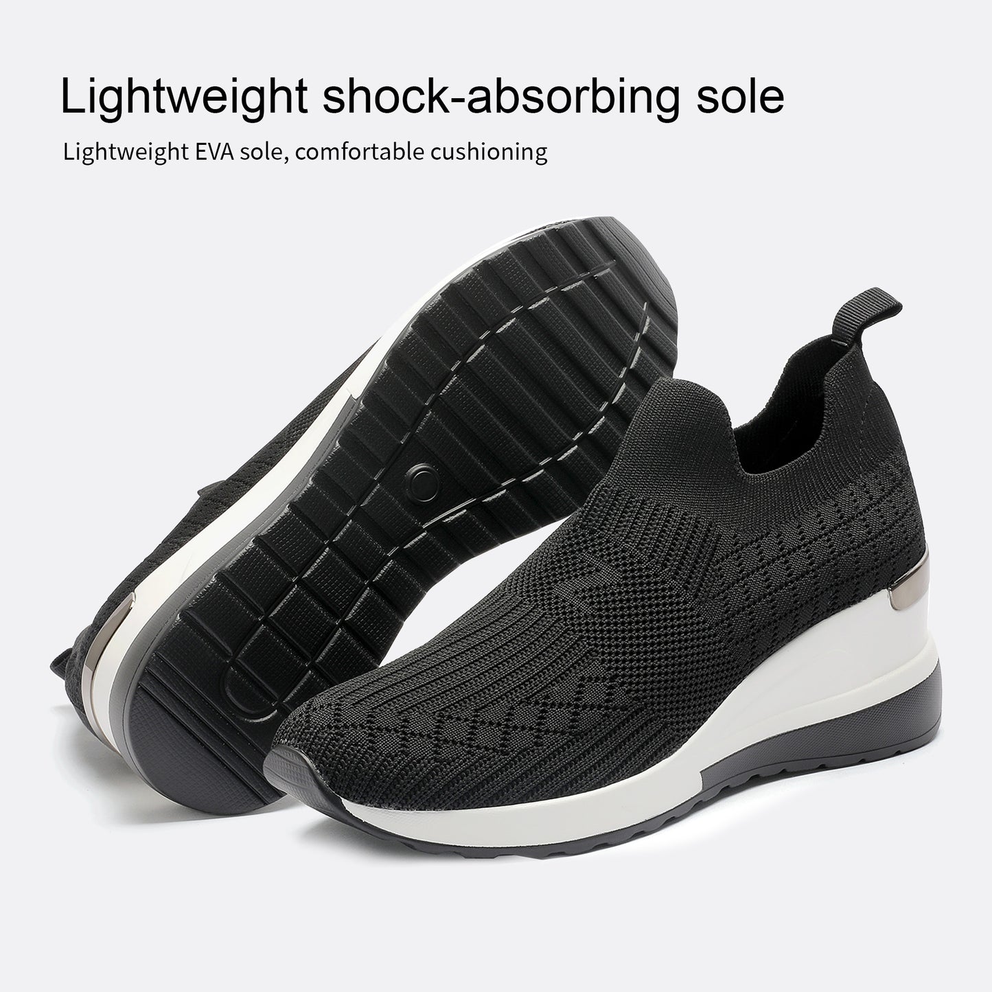 Black Wedge Sneakers for Women Slip on Knit Mesh Shoes Breathable Sock Shoes
