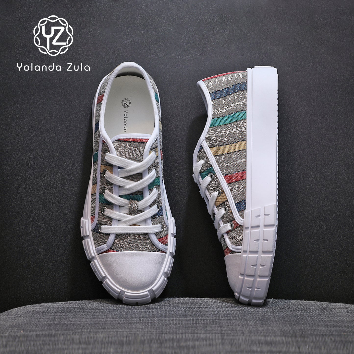 Gray sole colored striped canvas shoes