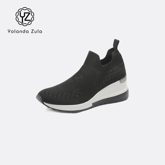 Black Wedge Sneakers for Women Slip on Knit Mesh Shoes Breathable Sock Shoes